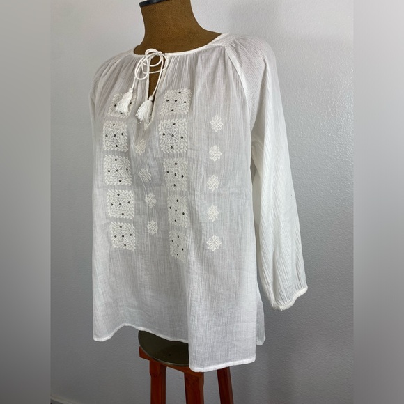 Joie Womens Peasant Blouse White Embroidered Embellished In Sequence M Tie Neck - Picture 5 of 15